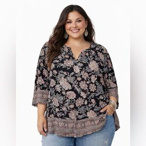 Lucky brand black floral popover top size 3X bohemian peasant Flowy 3/4 sleeves